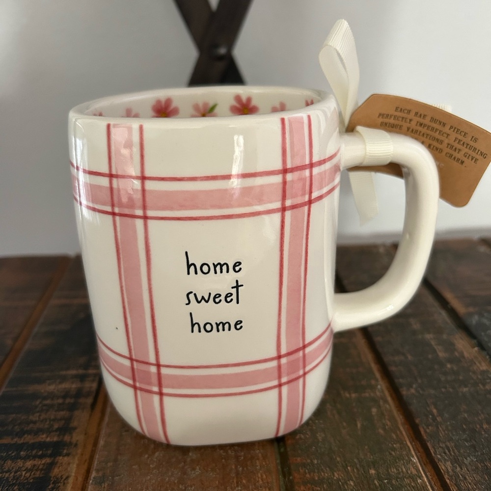 Rae Dunn HOME SWEET HOME Mug With Pink Plaid And Floral Detail Farmhouse NEW